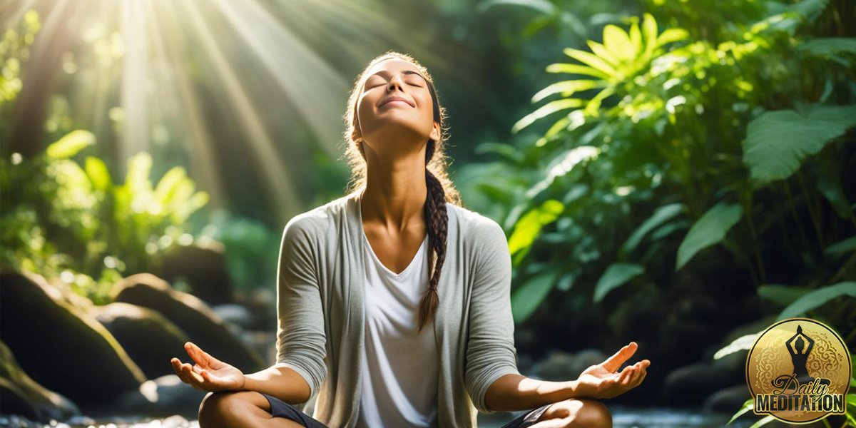 A woman practicing daily meditation in the serene forest.