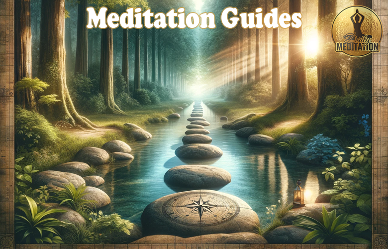 The cover of Meditation Guides featuring a compass in the middle of a serene forest.